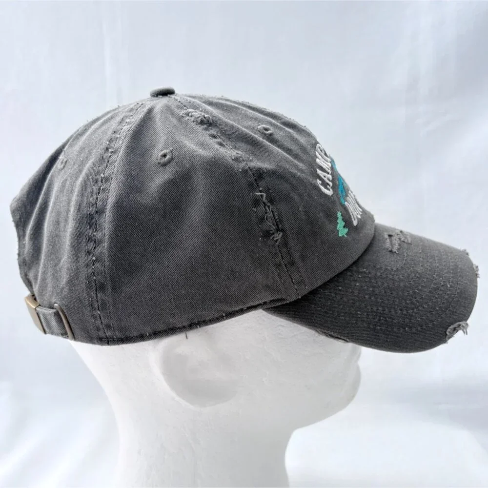 Embroidered Camping‎ Hair Don't Care Gray Distressed Strapback Baseball Cap Hat